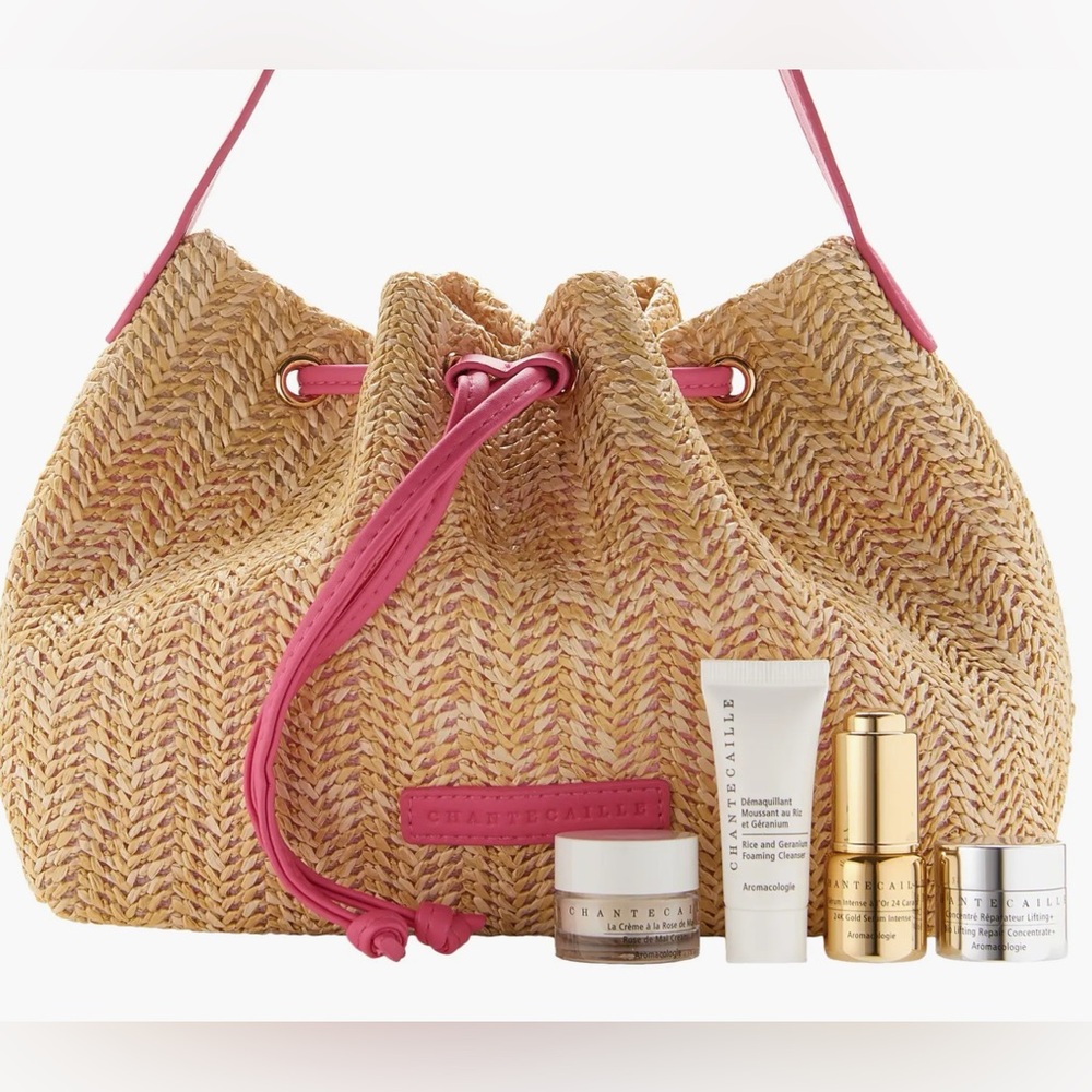 Chantecaille Natural the best selling  Straw Bag with travel size skin care set
